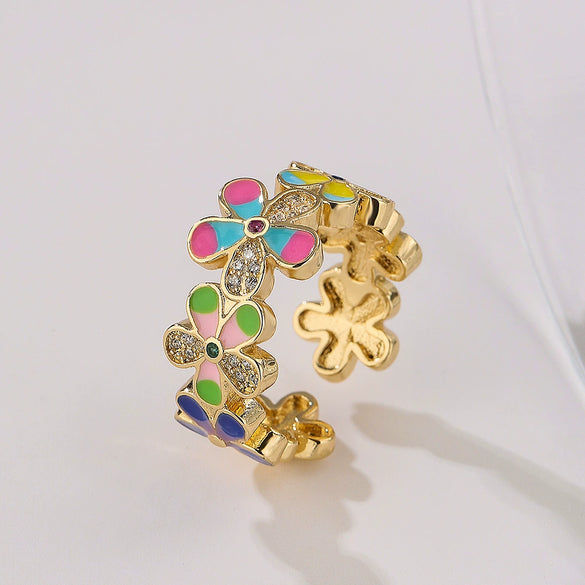 Wholesale Women's Copper Geometric Open Ring With Oil Dripping Zircon Flower And Micro Inlay