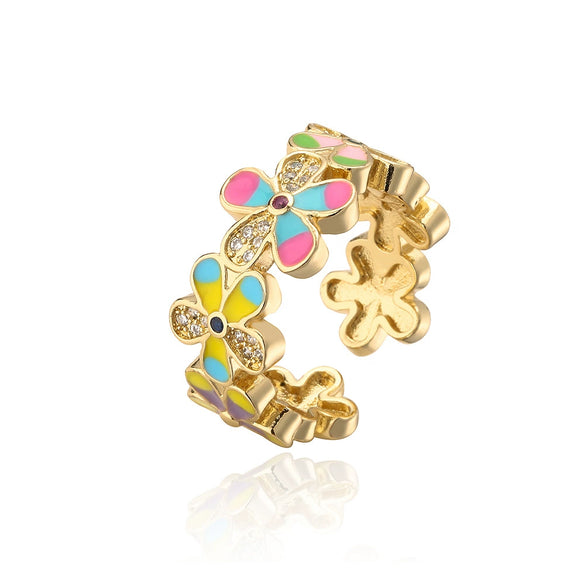 Wholesale Women's Copper Geometric Open Ring With Oil Dripping Zircon Flower And Micro Inlay