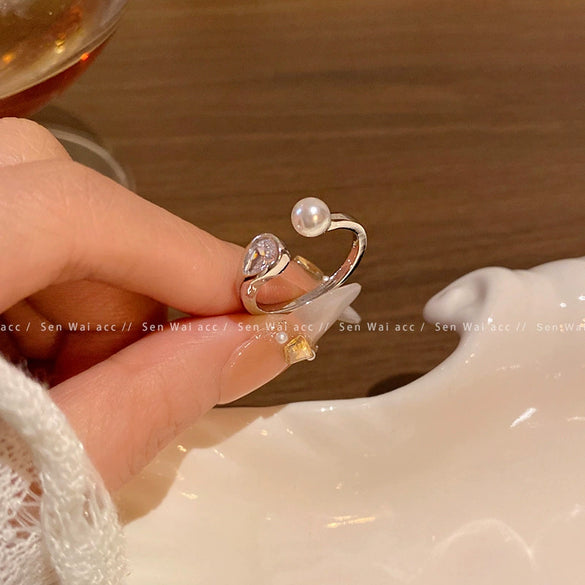 Wholesale Women's Copper Geometric Open Ring With Pearl And Zircon Electroplated Light Luxury Niche Elegant Jewelry