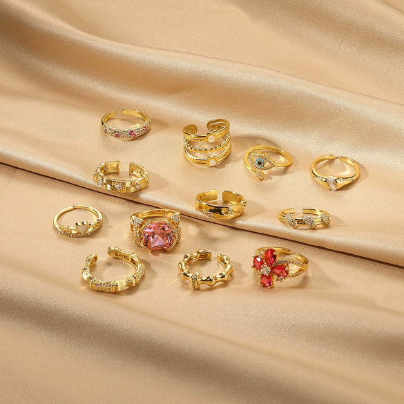 Wholesale Women's Copper Geometric Opening Zircon Flower Ring With Electroplating