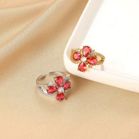 Wholesale Women's Copper Geometric Opening Zircon Flower Ring With Electroplating