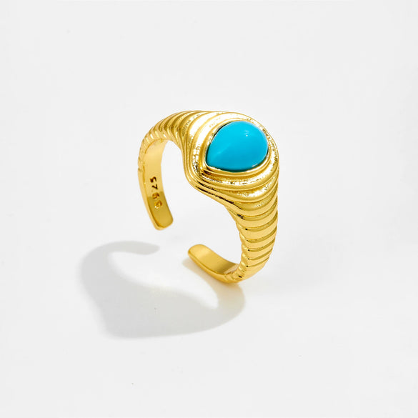 Wholesale Women's Copper Geometric Style Retro Highend Turquoise Finger Ring With Platinum And 18K Gold Electroplating