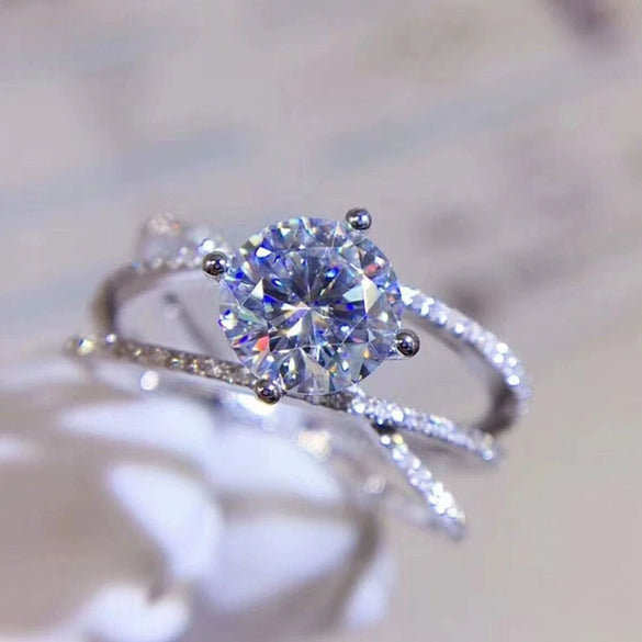 Wholesale Women's Copper Geometric Zircon Diamond Ring Double Layer Winding Four Claw Engagement Ring