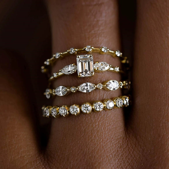 Wholesale Women's Copper Geometric Zircon Ring Fourpiece Set Highend Jewelry