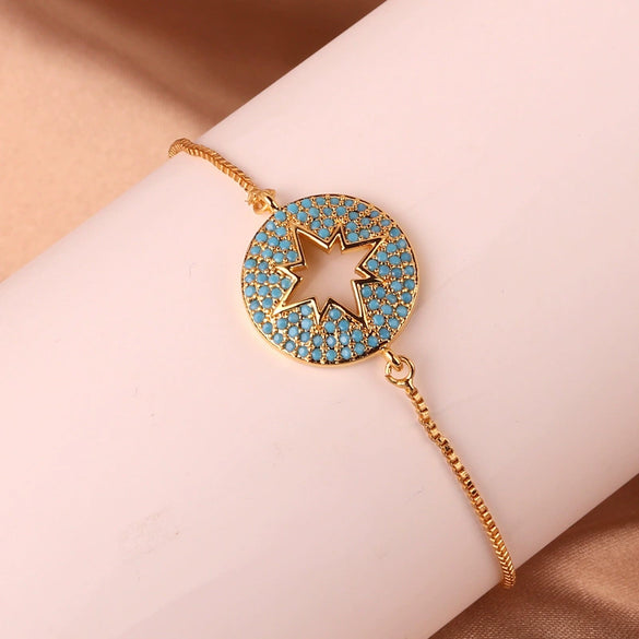 Wholesale Women's Copper Gold Plated Geometric Bracelet With Turtle Shell And Devil's Eye Mixed Color Zircon