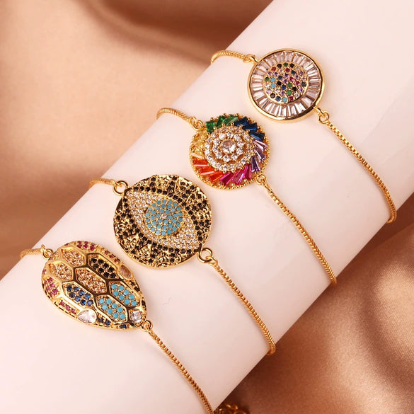 Wholesale Women's Copper Gold Plated Geometric Bracelet With Turtle Shell And Devil's Eye Mixed Color Zircon
