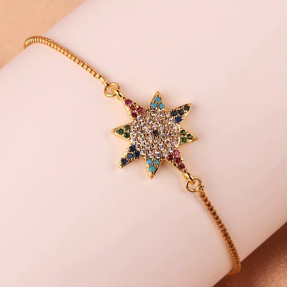 Wholesale Women's Copper Gold Plated Geometric Bracelet With Turtle Shell And Devil's Eye Mixed Color Zircon