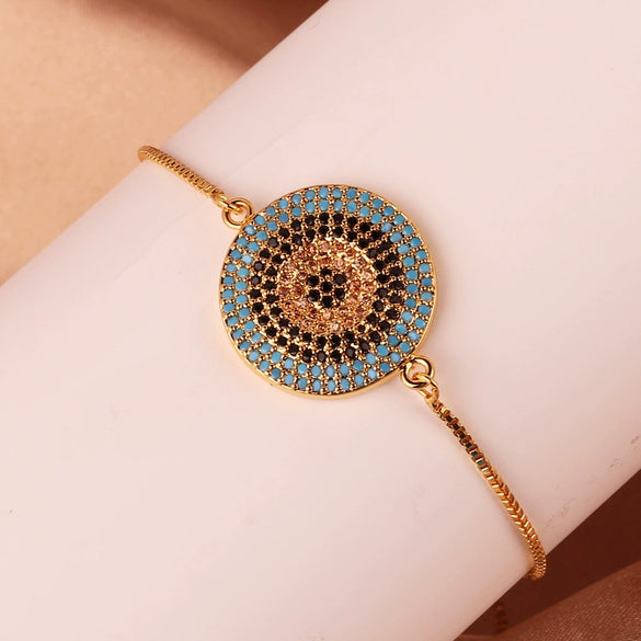 Wholesale Women's Copper Gold Plated Geometric Bracelet With Turtle Shell And Devil's Eye Mixed Color Zircon