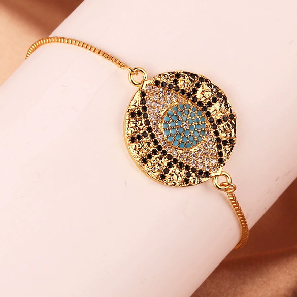 Wholesale Women's Copper Gold Plated Geometric Bracelet With Turtle Shell And Devil's Eye Mixed Color Zircon