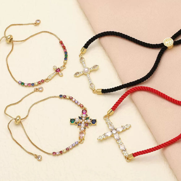 Wholesale Women's Copper Gold Plated Geometric Cross Bracelet With Zircon