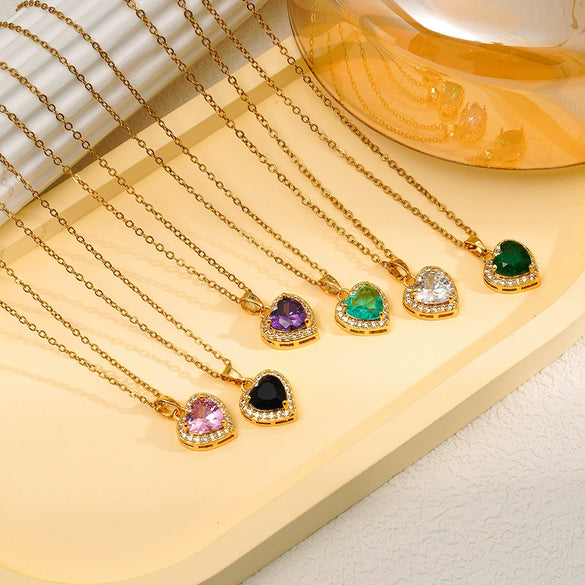 Wholesale Women's Copper Heart Shape Pendant Necklace With Mixed Gemstone Setting And Electroplating O Word Chain