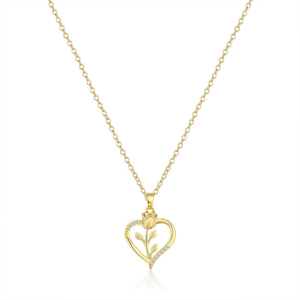 Wholesale Women's Copper Heart Shape Zircon Inlaid Electroplated Clavicle Chain Necklace