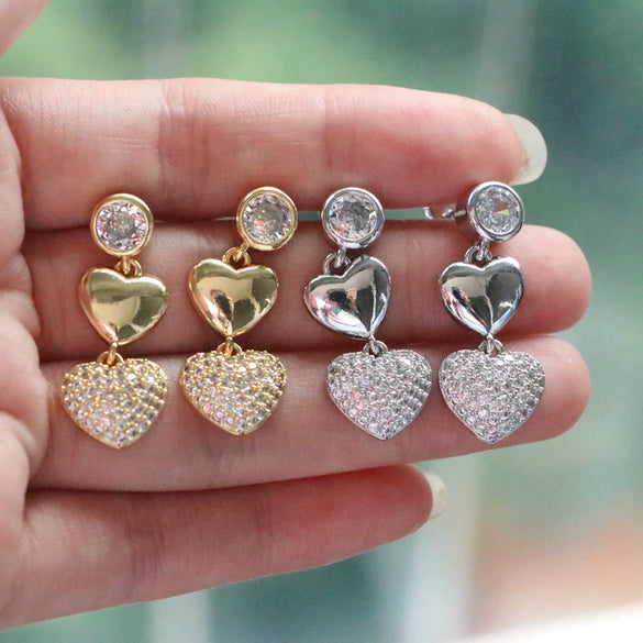 Wholesale Women's Copper Heart Shaped Love Zircon Earrings Electroplated