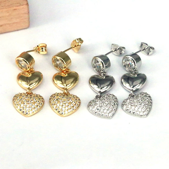 Wholesale Women's Copper Heart Shaped Love Zircon Earrings Electroplated