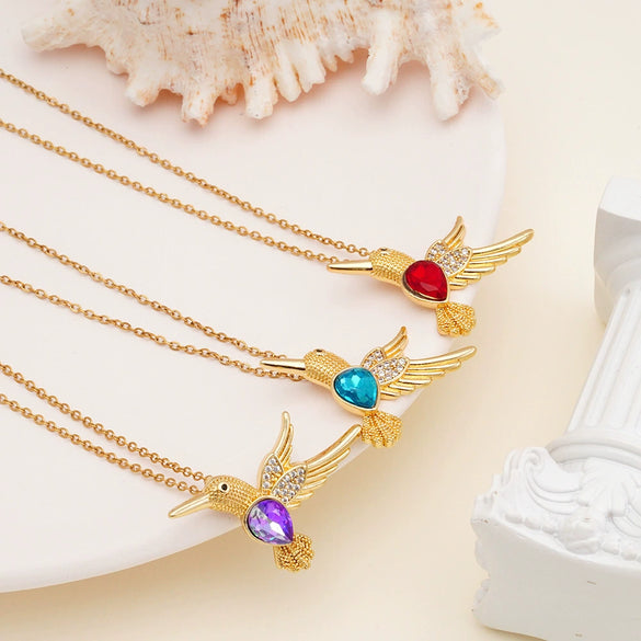 Wholesale Women's Copper Hummingbird Pendant Necklace With Mixed Gemstone Inlay And Gold Plated O Chain Light Luxury Style