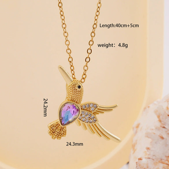Wholesale Women's Copper Hummingbird Pendant Necklace With Mixed Gemstone Inlay And Gold Plated O Chain Light Luxury Style