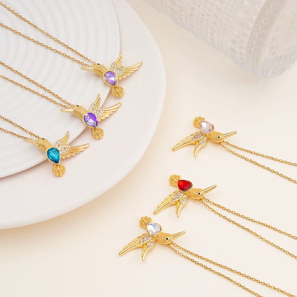 Wholesale Women's Copper Hummingbird Pendant Necklace With Mixed Gemstone Inlay And Gold Plated O Chain Light Luxury Style