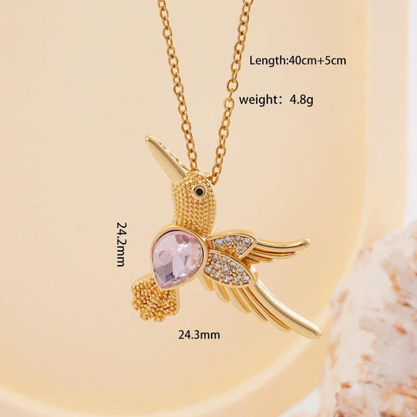 Wholesale Women's Copper Hummingbird Pendant Necklace With Mixed Gemstone Inlay And Gold Plated O Chain Light Luxury Style