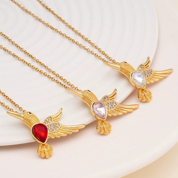 Wholesale Women's Copper Hummingbird Pendant Necklace With Mixed Gemstone Inlay And Gold Plated O Chain Light Luxury Style
