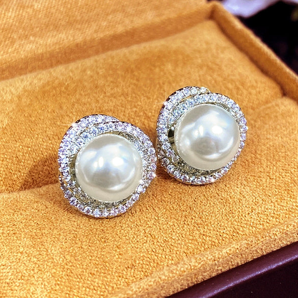 Wholesale Women's Copper Imitation Pearl Earrings With Geometric Design And Microinlaid Zirconia