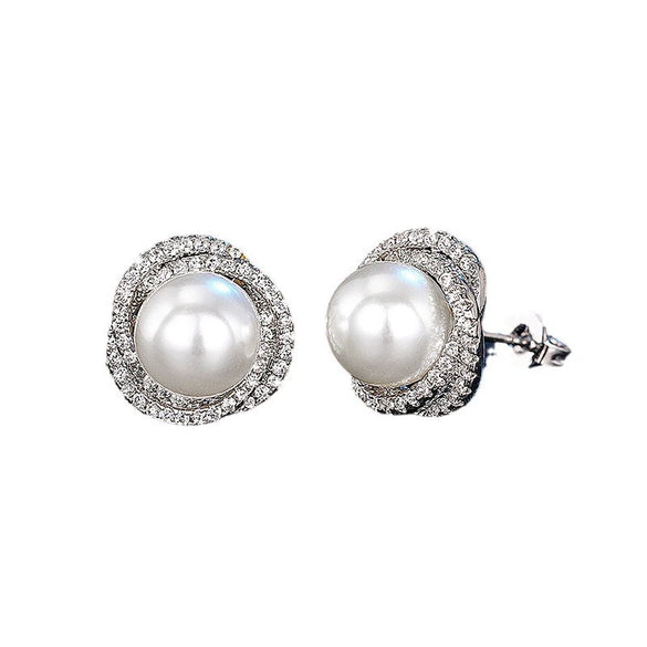 Wholesale Women's Copper Imitation Pearl Earrings With Geometric Design And Microinlaid Zirconia