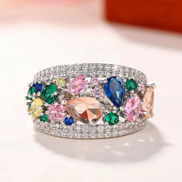 Wholesale Women's Copper Imitation Tourmaline Geometric Drop Shape Ring With Zircon
