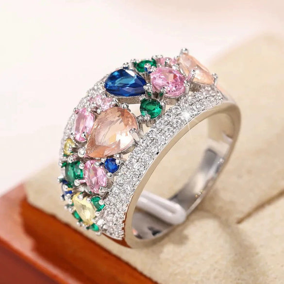 Wholesale Women's Copper Imitation Tourmaline Geometric Drop Shape Ring With Zircon