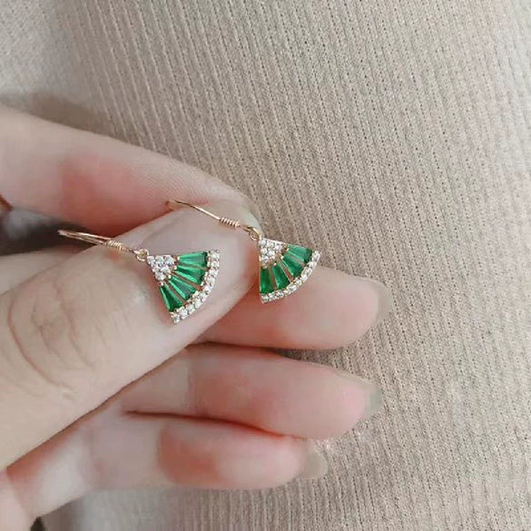 Wholesale Women's Copper Inlaid Emerald Green Zircon Retro Fan Geometric Earrings