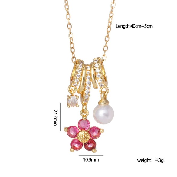 Wholesale Women's Copper Inlaid Mixed Gemstone Flower Tassel Pendant O Chain Necklace With Electroplating Treatment