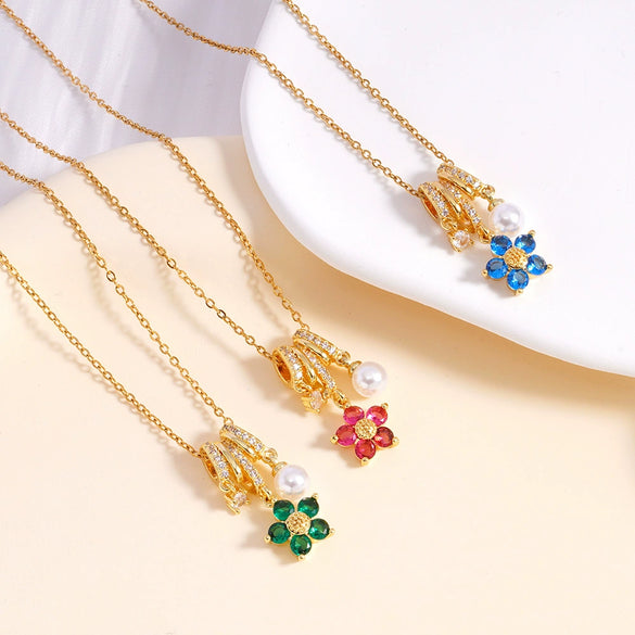 Wholesale Women's Copper Inlaid Mixed Gemstone Flower Tassel Pendant O Chain Necklace With Electroplating Treatment