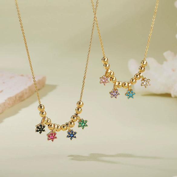 Wholesale Women's Copper Inlaid With Colored Diamonds Starshaped And Flower Petal Bead Splicing Necklace With Zirconia Design