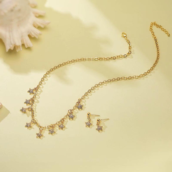 Wholesale Women's Copper Jewelry Set With Zirconium Studded Fivepointed Star Earrings And Necklace