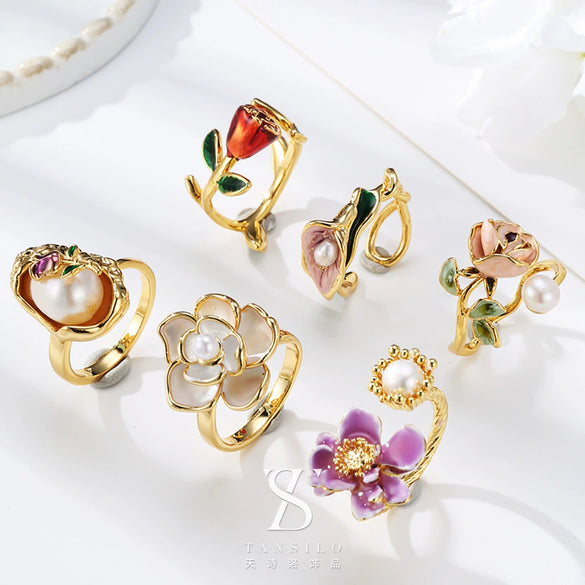 Wholesale Women's Copper 18K Gold Plated Flower Ring Retro Romantic Style