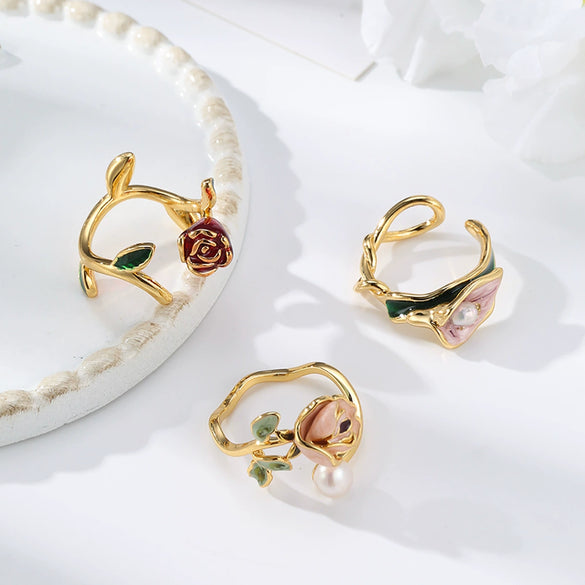 Wholesale Women's Copper 18K Gold Plated Flower Ring Retro Romantic Style