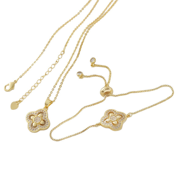 Wholesale Women's Copper 18K Gold Plated Fourleaf Clover Pendant Necklace And Bracelet Set With Ochain