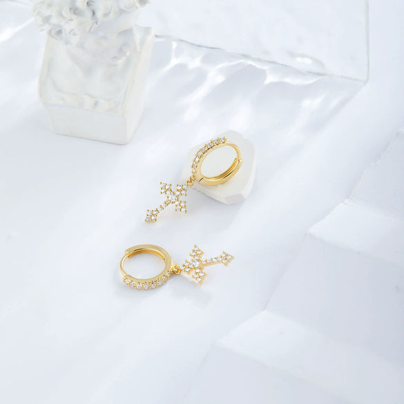 Wholesale Women's Copper 14K Gold Plated Geometric Cross Inlaid Zircon Earrings