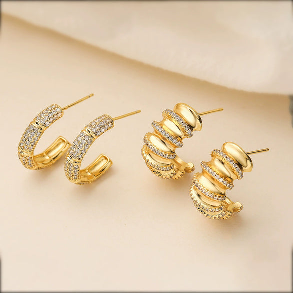 Wholesale Women's Copper 18K Gold Plated Geometric Cshaped Micropaved Zircon Earrings