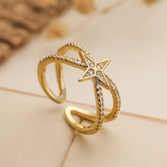 Wholesale Women's Copper 18K Gold Plated Geometric Open Ring With Microinlay Zircon