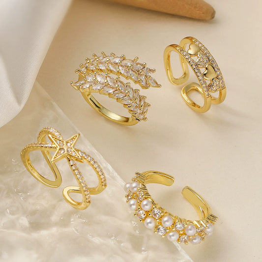 Wholesale Women's Copper 18K Gold Plated Geometric Open Ring With Microinlay Zircon