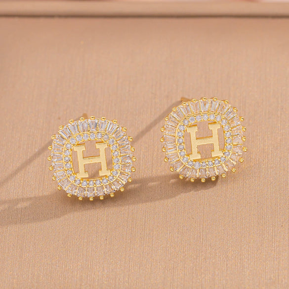 Wholesale Women's Copper Letter Earrings With 18K Gold Plating And Zircon Light Luxury And Simple Style