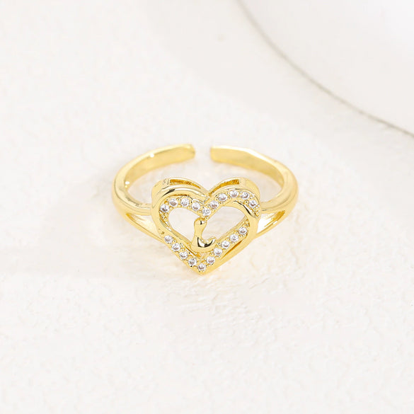 Wholesale Women's Copper Love Heart Shape Ring With English Letters And Electroplating Treatment
