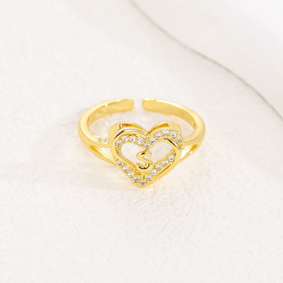 Wholesale Women's Copper Love Heart Shape Ring With English Letters And Electroplating Treatment