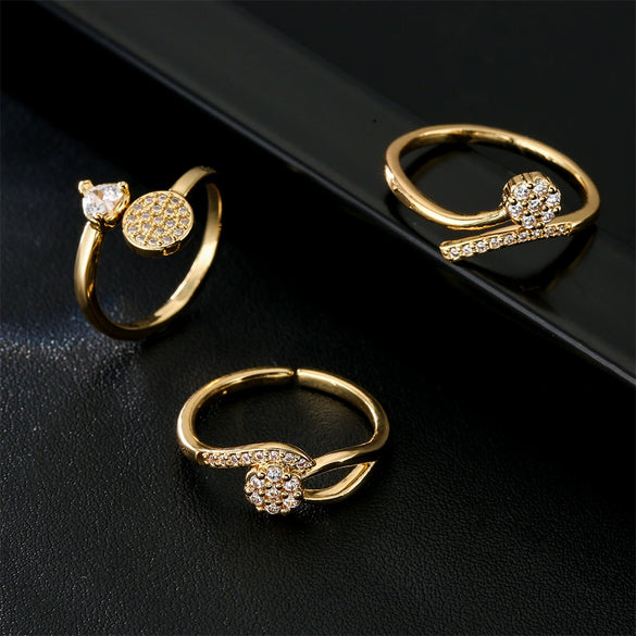 Wholesale Women's Copper Micro Inlaid Zircon Geometric Opening Ring With Real Gold Plating