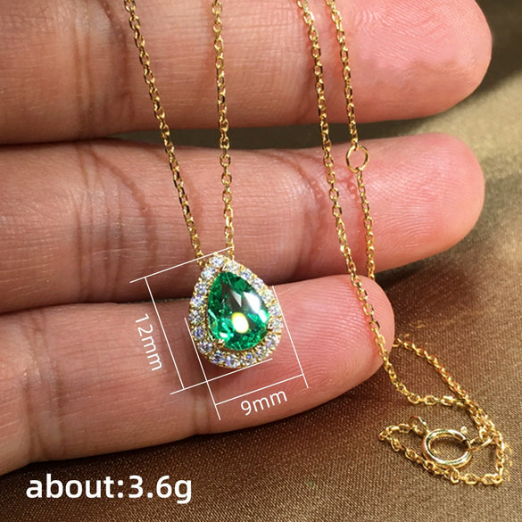 Wholesale Women's Copper Microinlaid Water Drop Emerald Zircon Necklace With Geometric Pattern And Mixed Gem Inlay