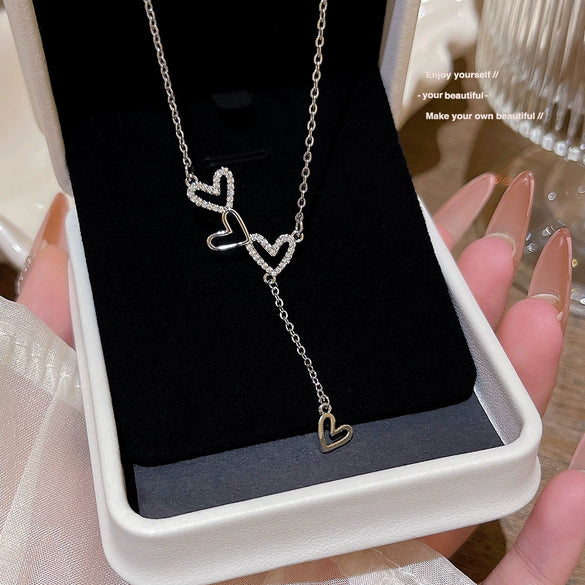 Wholesale Women's Copper Mixed Gemstone Setting Zircon Heart Shape Tassel Cross Chain Necklace
