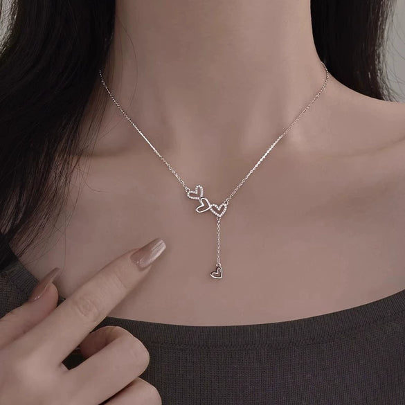 Wholesale Women's Copper Mixed Gemstone Setting Zircon Heart Shape Tassel Cross Chain Necklace