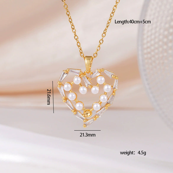 Wholesale Women's Copper Necklace With Heart Shape Pendant Inlaid With Mixed Gemstone And Zircon In Light Luxury Style And Electroplated