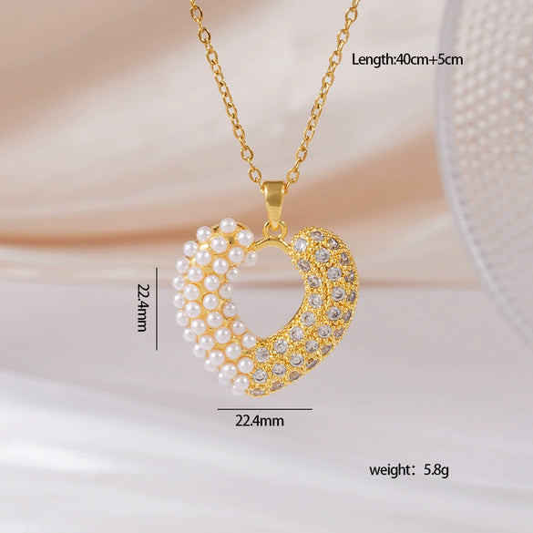 Wholesale Women's Copper Necklace With Heart Shape Pendant Inlaid With Mixed Gemstone And Zircon In Light Luxury Style And Electroplated