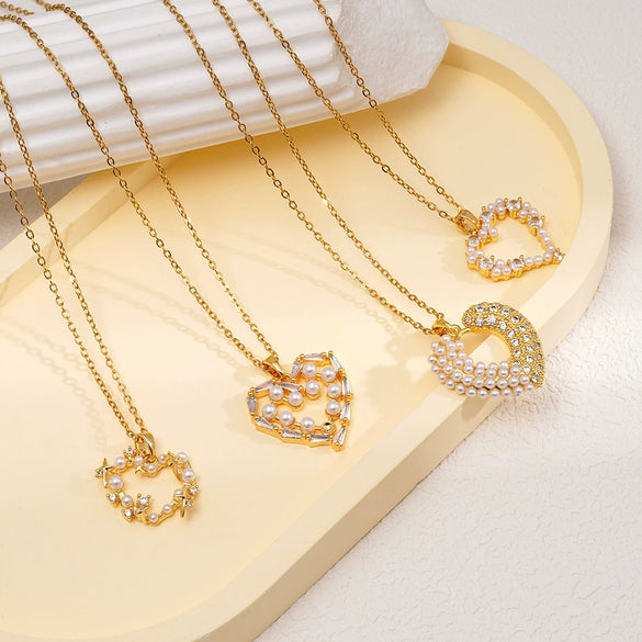 Wholesale Women's Copper Necklace With Heart Shape Pendant Inlaid With Mixed Gemstone And Zircon In Light Luxury Style And Electroplated