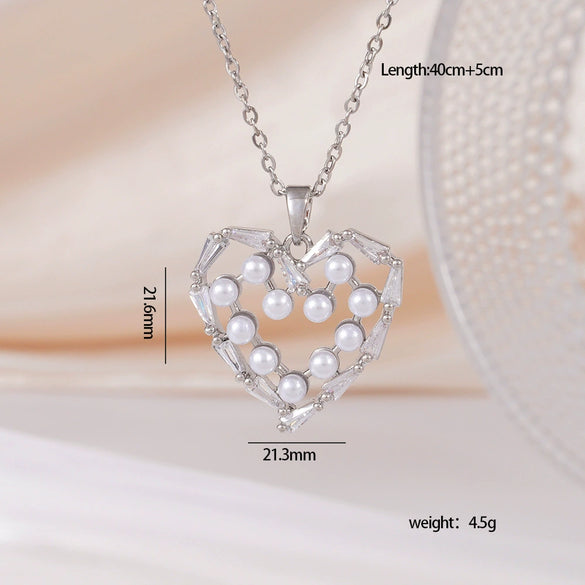 Wholesale Women's Copper Necklace With Heart Shape Pendant Inlaid With Mixed Gemstone And Zircon In Light Luxury Style And Electroplated